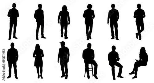 Diverse Group of People Silhouettes Standing and Sitting in Various Poses.