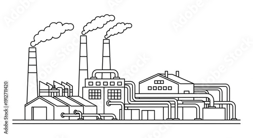 Industrial factory building with smoking chimneys producing pollution and smoke.
