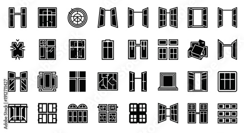 Diverse Collection of Window Icons in Black and White.