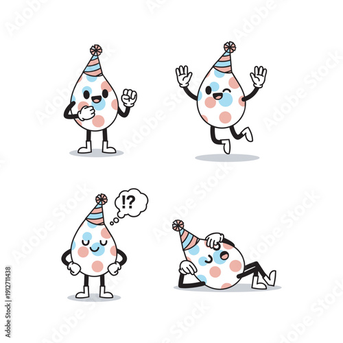 Cartoon egg character in party hat showing different emotions on white background