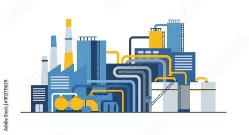 Industrial factory building with chimneys and pipes producing goods.