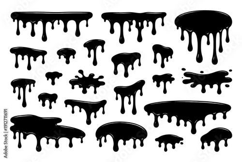 Collection of black dripping paint splatter shapes on white background.