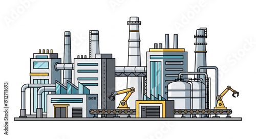 Industrial factory building with chimneys and manufacturing equipment.