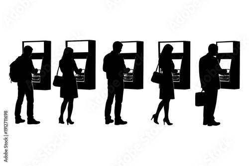 Silhouettes of people using atms in line on white background.