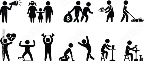 Diverse black stick figure icons set representing daily life activities including family health fitness work gardening wealth hobby and social lifestyle