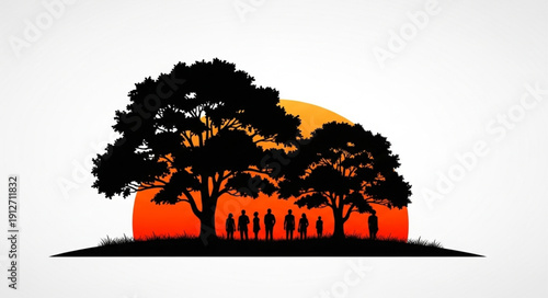 Silhouettes of trees and people against a vibrant sunset.
