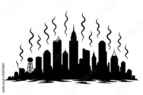 Silhouette of a city skyline with wavy heat lines against a white background.
