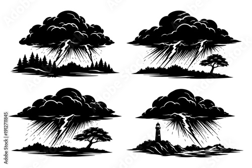 Dramatic black and white storm clouds over diverse landscapes with lightning.