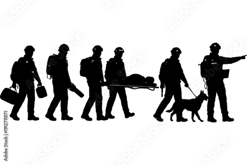 Silhouette of rescue team with dog and stretcher in action.