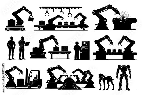 Industrial robots working in a factory with human figures and machinery.