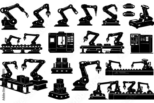 Robotic arms and industrial automation in manufacturing environment.