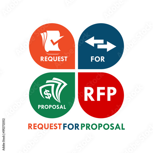 Professional RFP Request For Proposal vector logo featuring business icons, colorful circles, and arrows representing the bidding and procurement process in a modern style.