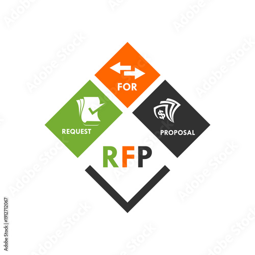 Professional RFP Request For Proposal vector logo featuring business icons, colorful circles, and arrows representing the bidding and procurement process in a modern style.