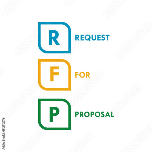 Professional RFP Request For Proposal vector logo featuring business icons, colorful circles, and arrows representing the bidding and procurement process in a modern style.