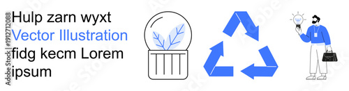Environmental awareness, sustainability education, recycling process, eco-friendly habits, green energy, idea generation. Recycling symbol, eco-globe and person holding a light bulb. Environmental