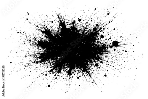 Abstract black ink splash on white background with dynamic spatter patterns.
