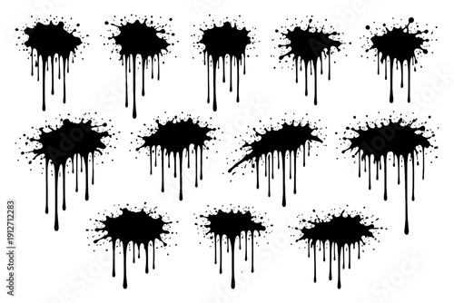 Set of dripping black paint splashes on white background.