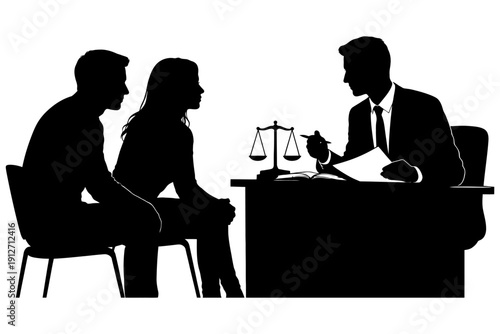 Silhouette of lawyer consulting diverse couple in office setting.