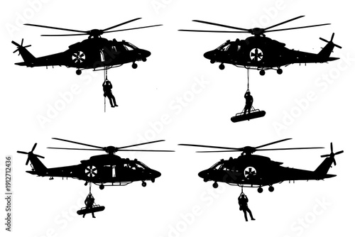 Silhouette helicopter rescue operations: evacuation and airlift scenarios.