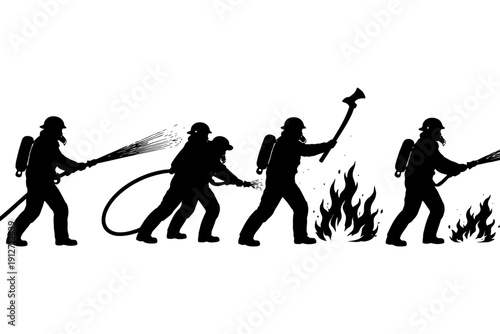 Firefighters battling blazes silhouettes with hoses and axes.