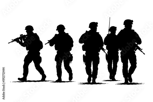Silhouettes of armed soldiers in formation on white background.