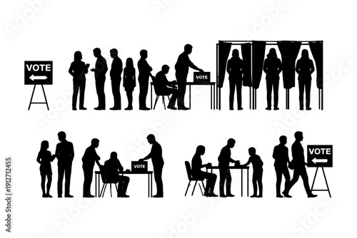 Silhouettes of diverse adults voting in election.