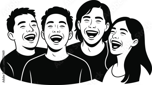 Group of happy diverse young friends laughing together in black and white minimalist vector line art style for joy and friendship