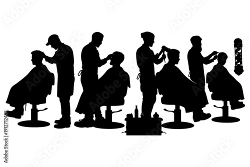 Silhouettes of barbers and clients in various hairstyling activities.