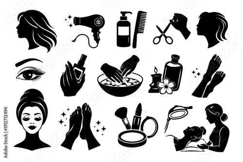 Beauty salon icons: haircare, skincare, and makeup elements.