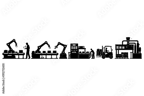 Industrial automation silhouette with robots and workers in factory setting.