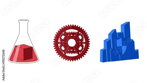 integrated business solutions featuring symbolic icons representing scientific research mechanical processes and digital data security illustrating innovation and strategic development.