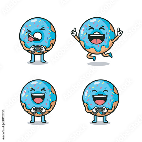 Cartoon donuts with different emotions holding microphones on white background