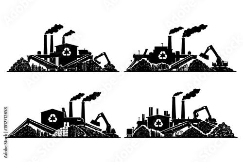 Recycling factories with smokestacks and excavators in four black silhouettes.