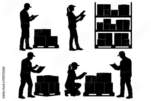 Silhouettes of warehouse workers: men and women organizing and supervising stock.