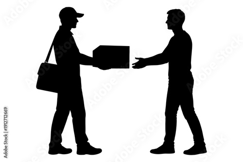 Silhouette of delivery person handing package to customer.