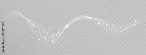 Abstract white glowing wave lines with sparkling particles isolated on transparent background, elegant light curve flow with shimmer effect.

