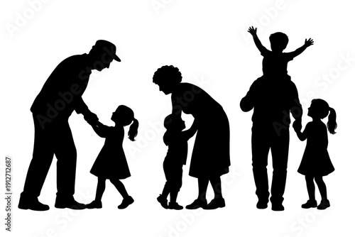 Silhouette of multi-generational family interaction in playful outdoor setting.