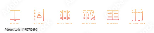 Book reading and documentation banner design with clean line icons featuring book set, notebook, user notebook, binder folder, file binder, and document book. Minimal black and white style suitable 