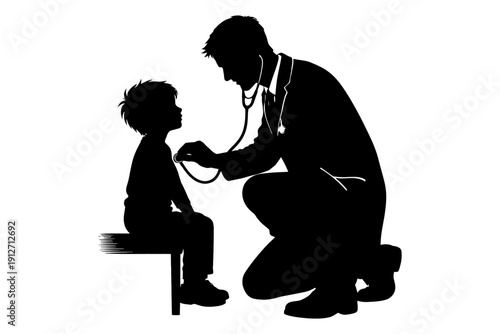 Silhouette of male doctor examining child with stethoscope.