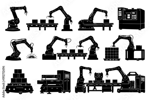 Assembly line robotics and automation machinery in industrial setting.