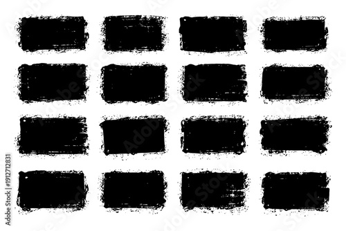 Set of sixteen black grunge texture rectangles on white background.