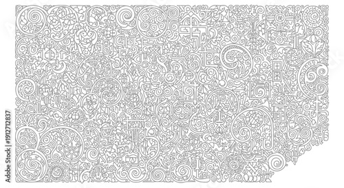 intricate spiritual pattern with interwoven christian and ancient symbols in decorative line art for cultural and historical use.