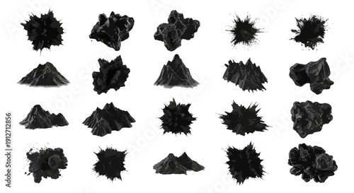 isolated abstract black graphic elements showcasing textured shapes rugged mountains and dynamic ink splatters on white for versatile design projects.