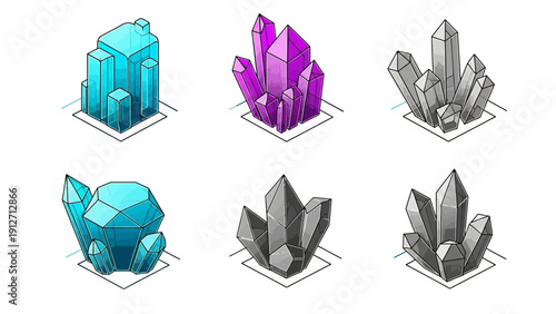 isometric crystal formations and faceted gemstones in diverse colors ideal graphic resources for game art and ui ux design.