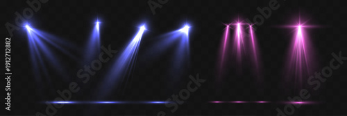 Glowing blue and pink stage spotlights isolated on transparent background, realistic light beams with smoke rays and flare effects.
