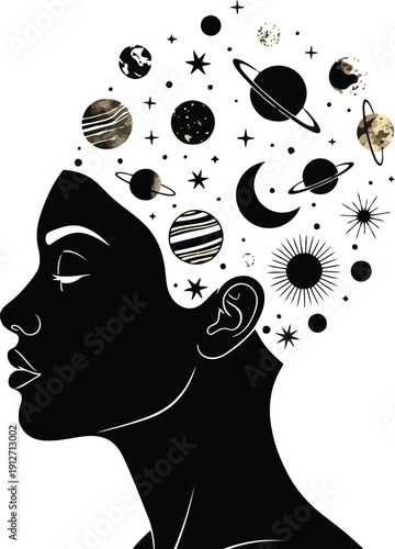 Woman contemplating universe in her mind with celestial elements