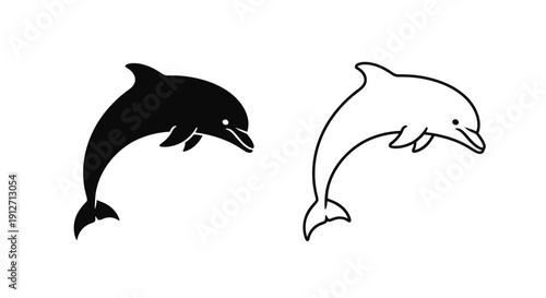 Two dolphin illustration, black and white dolphin drawing, marine life art Vector