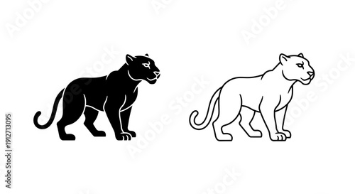 Black panther and lion silhouettes, wild cats, animal symbols, nature design, vector art Vector
