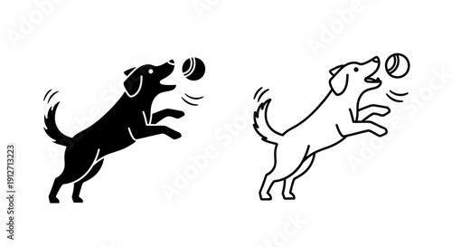 Two dogs catching tennis balls in mid-air, black and white line art illustration Vector