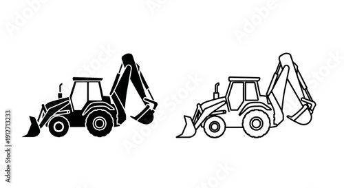 Construction equipment: backhoe loaders in monochrome design Vector